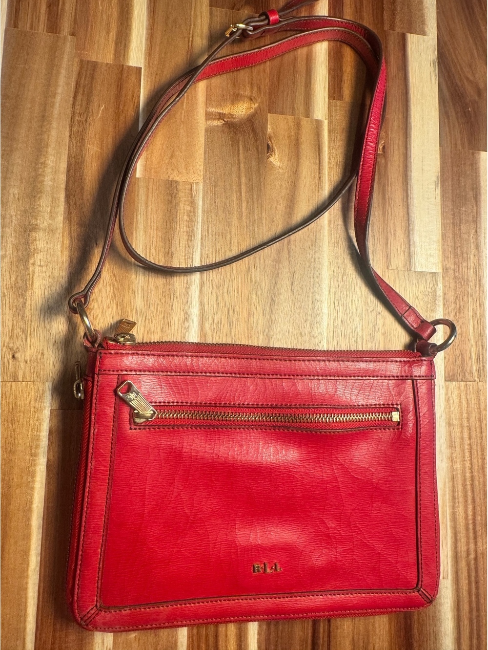Lauren Ralph Lauren RLL Newbury Red Leather Double Zip Crossbody Bag